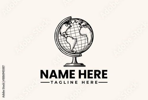 Black and white illustration of a globe with a grid pattern on a stand, accompanied by a text placeholder for a name and tagline on a clean background.