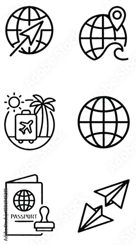 A collection of travel icons including globes, passports, and airplanes on a white background.