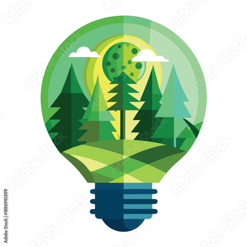 an illustration depicting a light bulb shaped like a lush green forest with trees clouds and a landscape symbolizing eco friendly innovation