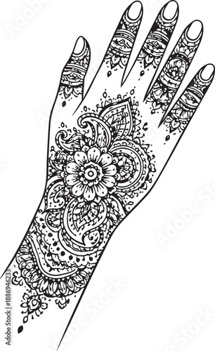 Mehndi Hand Intricate Floral Pattern Black and White Line Art Illustration Isolated on White