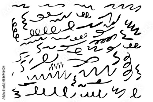 Collection of hand drawn black messy childish doodles grunge scribbles, rough brush strokes isolated on white background. Abstract artistic elements for design, typography, posters, branding, textures