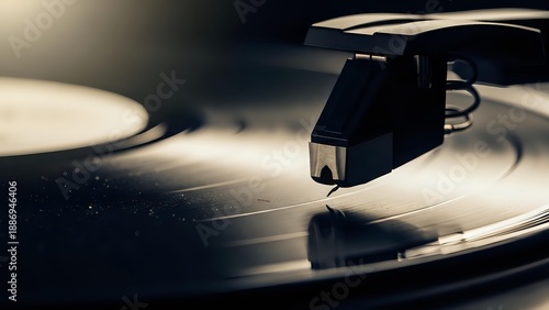 Vintage turntable with stylus needle on vinyl record in warm sepia lighting. Classic analog music player for retro audio entertainment and nostalgic sound reproduction.