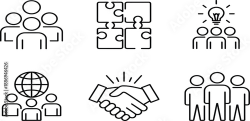 Creative teamwork and business collaboration vector icon set for partnership, puzzle solving, global networking, and brainstorming