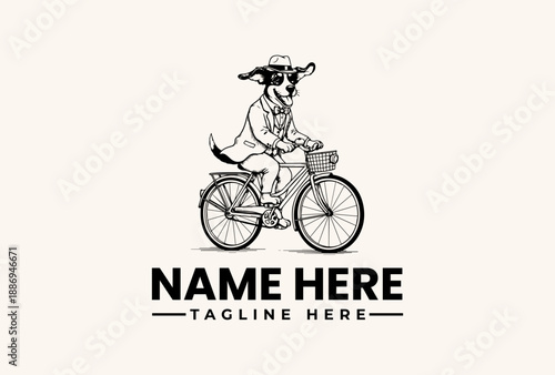 A black and white illustration of a cow riding a bicycle with a basket, wearing a hat, against a clean white background with space for a logo and tagline.