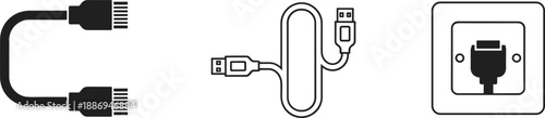 Cable connection icons set showing data cords USB connectors and wall socket technology vector illustration outline design