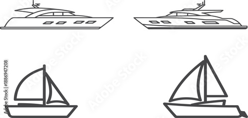 Luxury yacht and sailboat vector icon set for marine travel, ocean navigation, and maritime leisure
