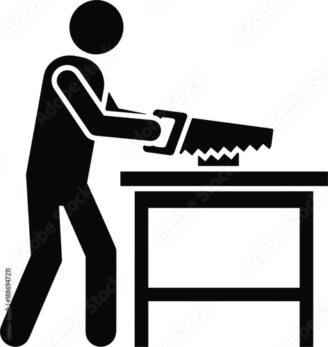 Carpentry work icon showing craftsman cutting wood with hand saw workshop construction vector illustration symbol design
