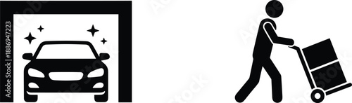 Car wash service and delivery worker icon set showing vehicle cleaning and courier logistics vector illustration symbols