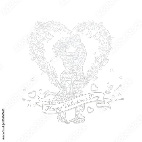 Elegant Romantic Couple Line Art in Heart Shape – Happy Valentine’s Day Illustration. Ai generated