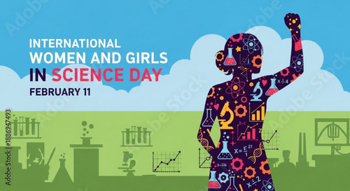 International women and girls in science day poster with colorful silhouette