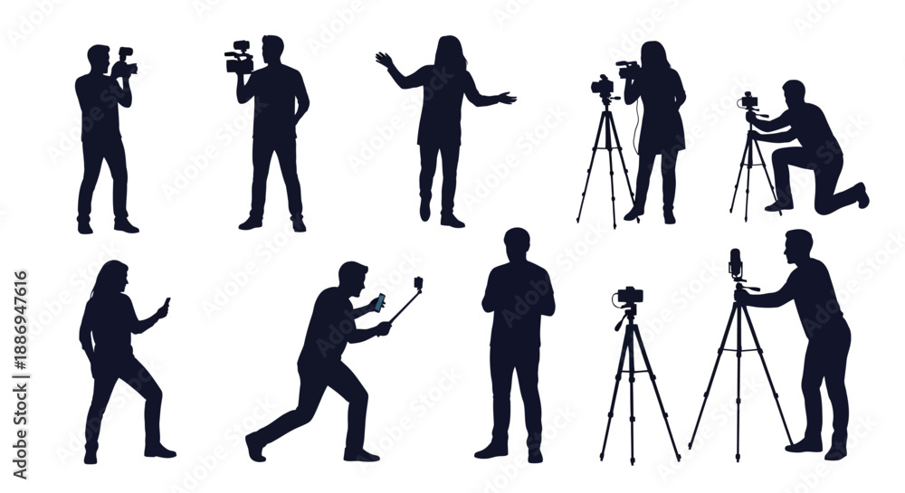 Fototapeta premium Photographers and models posing with equipment in studio setting from various viewpoints