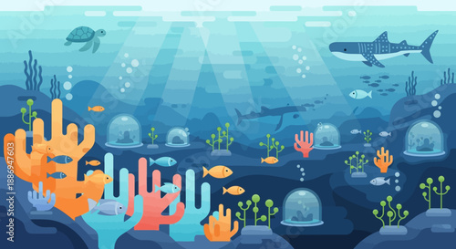 Underwater Scene: Dive into a vibrant underwater world, teeming with life, featuring coral reefs, diverse fish, and mesmerizing light rays, an ecosystem showcase the beauty of ocean.