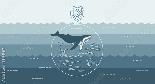 Ocean Ecosystem: A captivating illustration of ocean life unveils a serene whale gracefully navigating through water depths, encircled by an array of marine species.