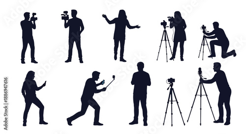 Photographers and models posing with equipment in studio setting from various viewpoints