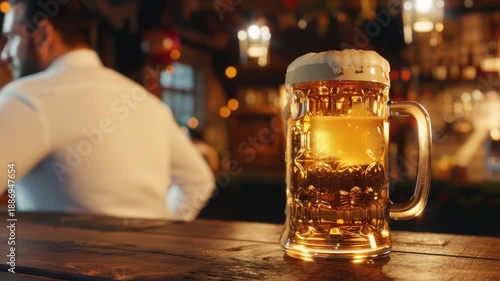 Video A glass of beer sits atop a wooden table