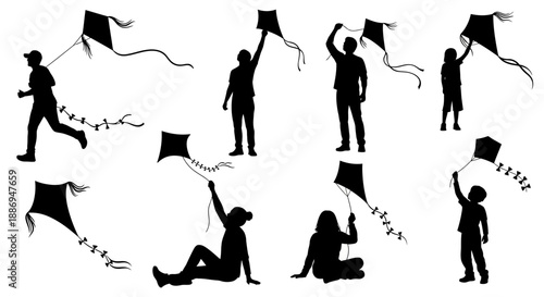People flying kites in various poses and locations, captured in a dynamic illustration from multiple viewpoints.