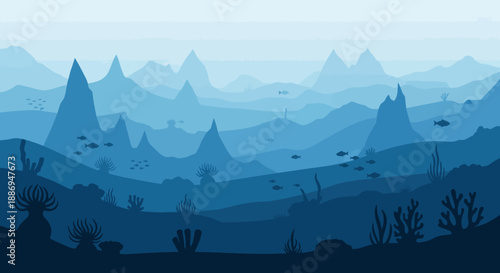 Mysterious Blue Underwater Scene: Delving into the depths, an artistic depiction of an underwater realm unfolds. This image showcases a vibrant ecosystem with layered silhouettes of mountains.