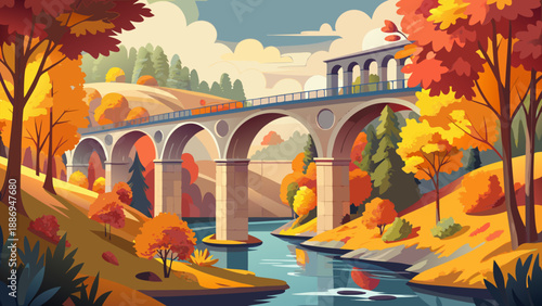 Very beautiful Adolphe Bridge scene during a sunny autumn day, featuring warm foliage colors, elegant stone arches, and clear skies highlighting one of Luxembourg’s most iconic landmarks.