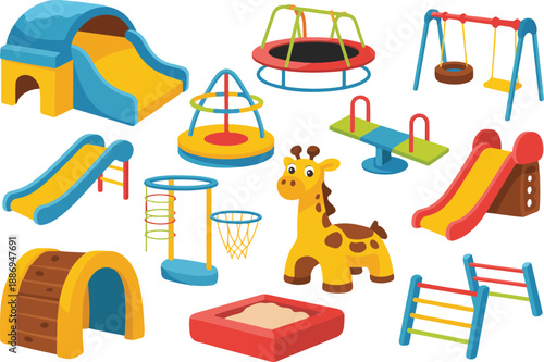 Isometric Kids Park Equipment Icons  Playground Slide, Swing, Seesaw, Sandbox, Trampoline
