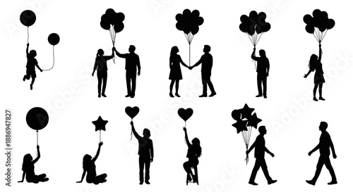 Silhouetted couples and individuals holding balloons and stars in various poses and actions