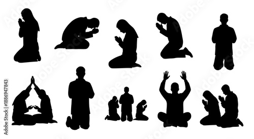 Collection of people silhouettes in various prayer poses and kneeling positions illustrated in a simple graphic style