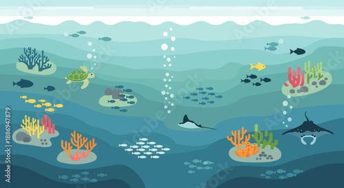 Marine Life Symphony: A vibrant underwater ecosystem teems with life, showcasing a diversity of marine creatures and plant life in a stunning aquatic environment.