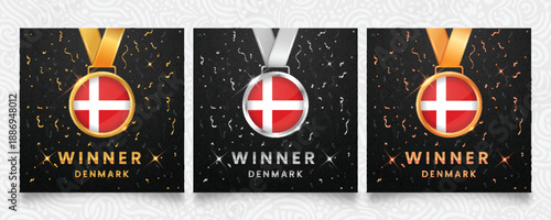 Denmark Winner Set: Gold Silver Bronze Medals with Danish Flag on Dark Background with Confetti.