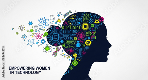Empowering women in technology concept with colorful brain gears and circuits symbolizing innovation and stem
