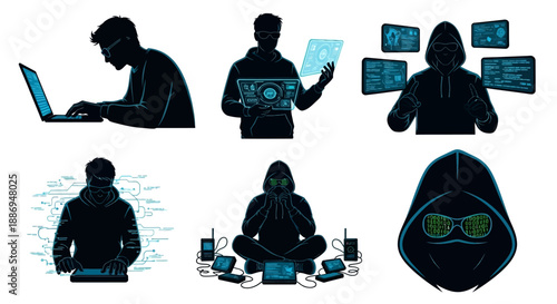 Silhouettes of hackers working on computers and devices in various poses and environments worldwide.