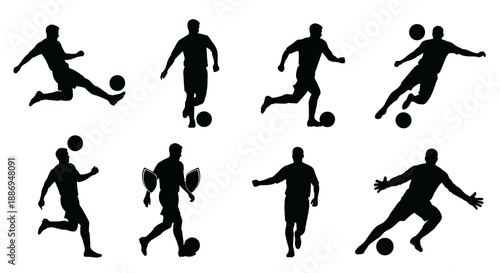 Dynamic silhouettes of soccer players in various actions on a white background, Whisk-inspired illustrations.