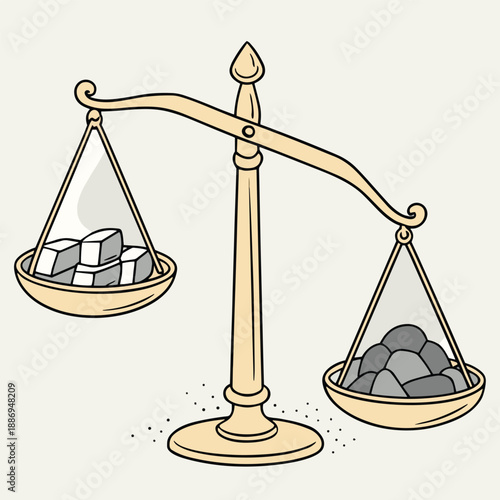 a vintage illustration depicts an antique balance scale with rocks and cube shaped objects on either side showing equilibrium