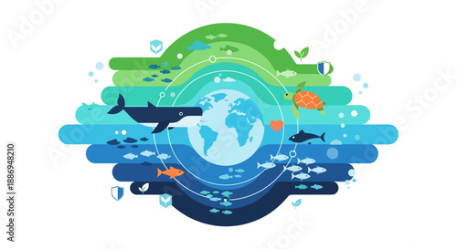 Harmony of Earth's Elements: An illustrated world, surrounded by layers of ocean and sky, showcases the delicate balance of ecosystems. A tribute to our planet and the responsibility to protect it.