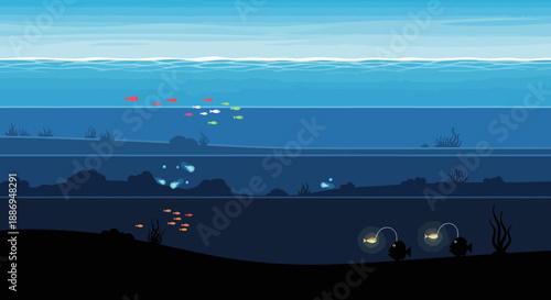 Ocean Depths: An illustrated cross-section unveils the captivating underwater world, showcasing layers of marine life, the dance of light, and the secrets hidden in the depths.