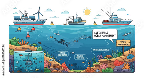 Sustainable Ocean Management: A detailed illustration showcasing sustainable ocean management with diverse elements, including vessels, marine life, and underwater structures.
