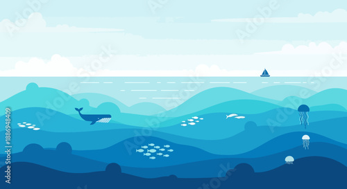 Ocean life in the blue: the image shows the diversity and splendor of ocean life, with animated and vibrant hues representing an marine environment, with waves, whale, fish.