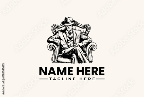 Black and white illustration of a man sitting on a chair with a hat, holding his head with one hand, featuring a logo and tagline space on a beige background with a classic and elegant mood.