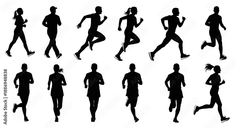Fototapeta premium Silhouettes of diverse runners in various poses and actions, showcasing athleticism and movement in a clean and simple composition.