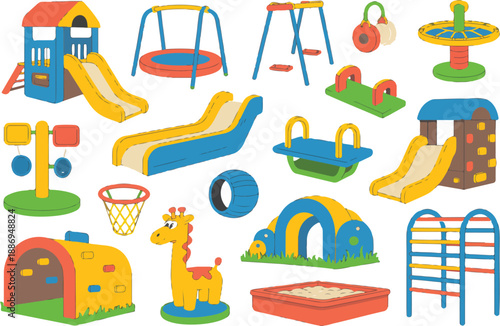 Isometric Kids Park Equipment Icons Playground Slide, Swing, Seesaw, Sandbox, Trampoline