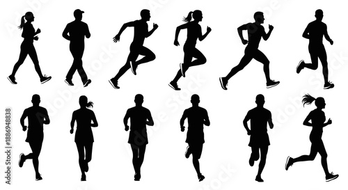 Silhouettes of diverse runners in various poses and actions, showcasing athleticism and movement in a clean and simple composition.