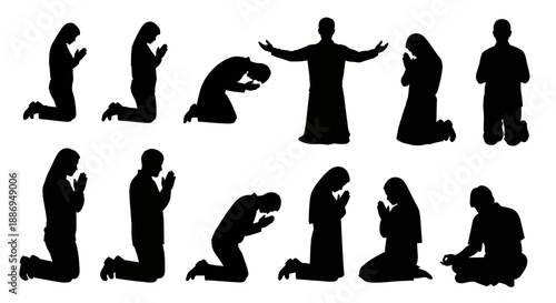 Silhouettes of people kneeling in prayer with a figure standing with open arms in the center