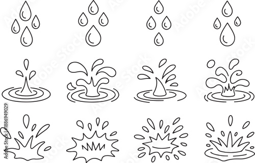 Raindrop splash and falling water droplets set with ripple effects line icons