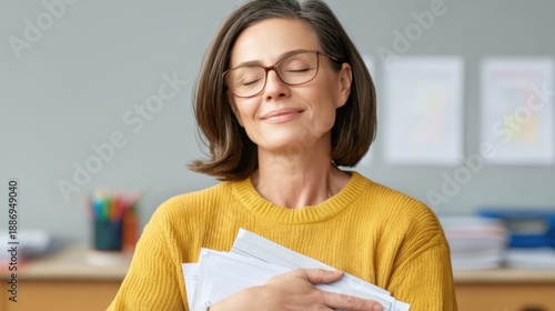 Joyful woman with glasses holding documents and embracing papers, showcasing happiness and contentment in workspace environment