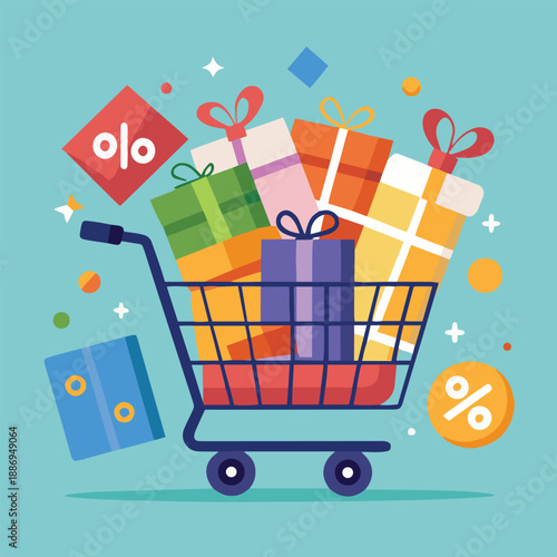 a shopping cart overflowing with vibrant gift boxes and promotional icons representing sales and festive gift giving occasions