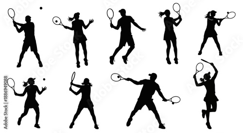 Dynamic silhouettes of tennis players in action, showcasing various strokes and movements on a court, captured from multiple viewpoints.