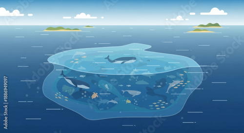 Beneath the Surface: This image offers a glimpse into the diverse marine life. A rich ecosystem thrives, with various species of fish and whales swimming.