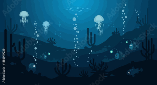 Deep Blue Serenity: Explore the serene depths of the ocean, where ethereal jellyfish dance amidst shimmering bubbles and the gentle silhouettes of underwater plants.