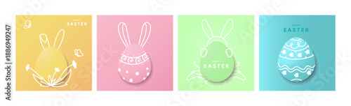 Set happy Easter templates decorated 3D eggs with bunny ears and minimal line art, for greeting cards, social media posts, Easter promotions, flyers, digital invitations, and festive packaging.Vector