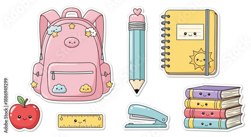 Colorful cartoon school supplies and accessories for kids.