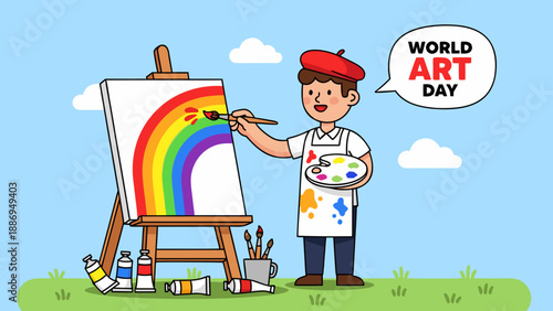 Cartoon Artist Character Creating Rainbow Painting on Easel Outdoors for World Art Day Celebration, Art Education Blogs, Creative Hobby Websites, and Children's Art Projects