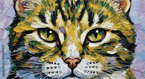 Close-up impressionistic oil painting of a cat's face with vibrant colors and thick brushstrokes, featuring striking green eyes.